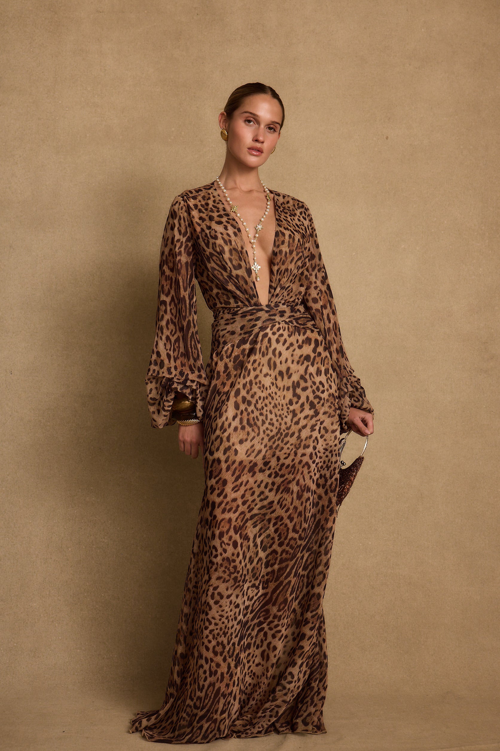 Karmen Leopard Plunge Long Sleeve Maxi Dress