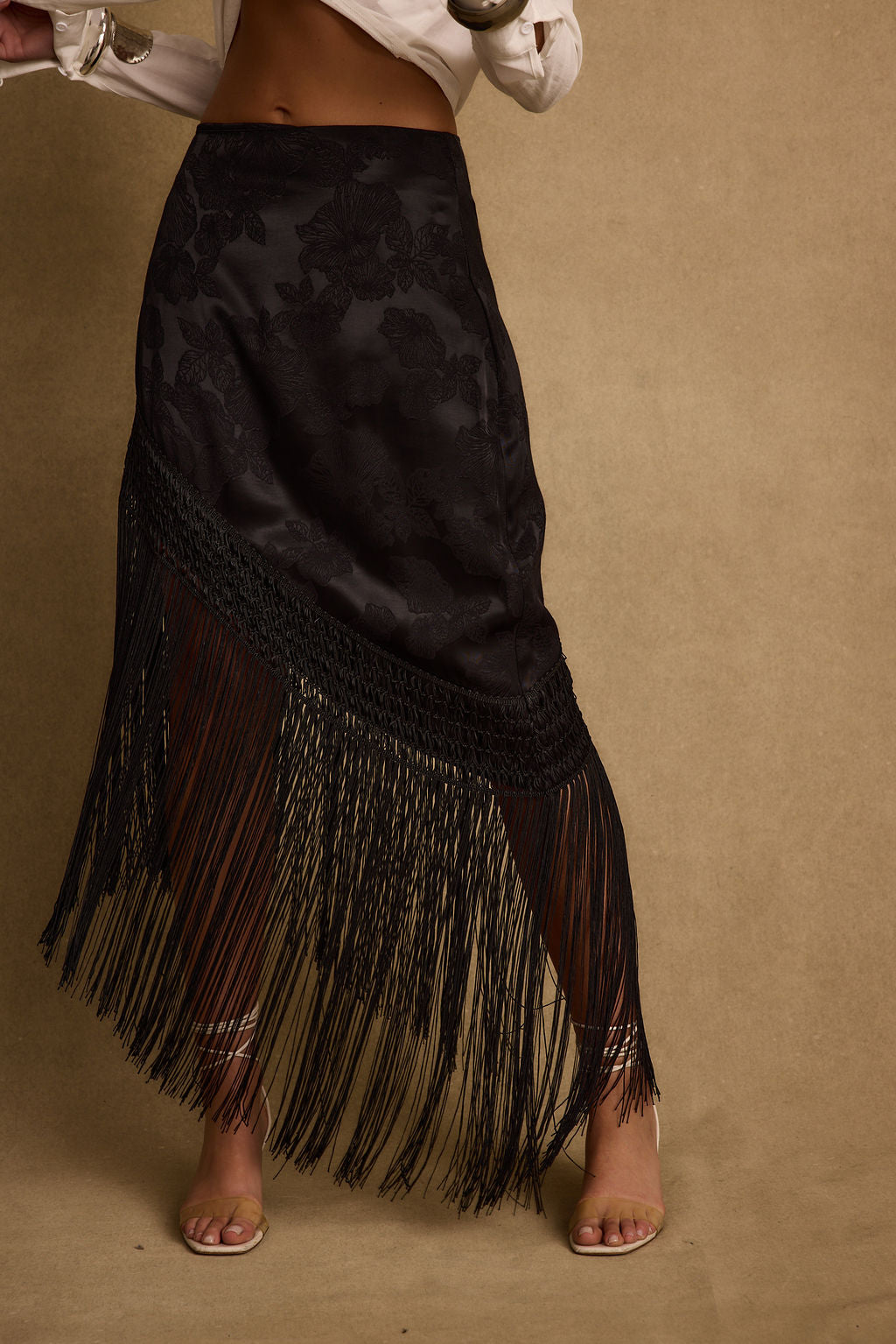 Frankie Black Satin Jacquard Fringe Midi Skirt