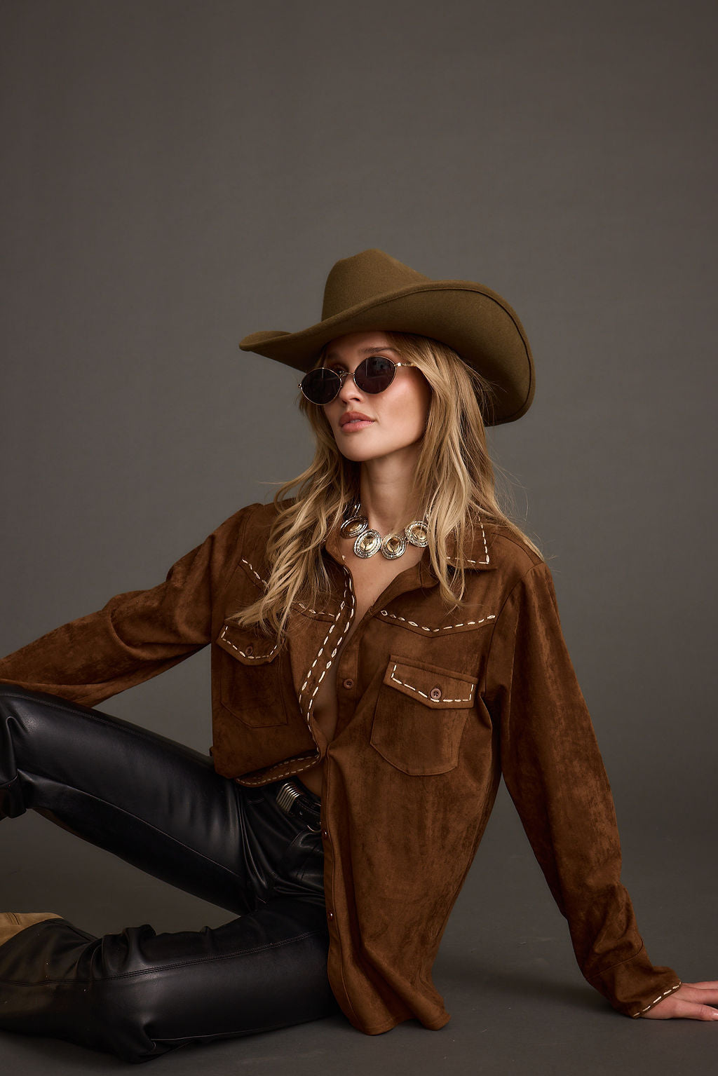 Rustic Pines Brown Suede Button Down Top